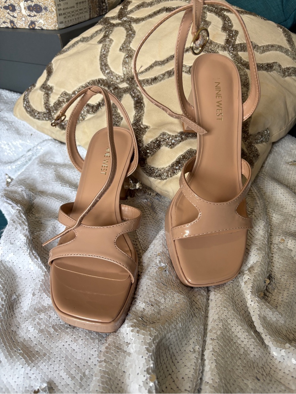 Nine West Nude Patent Square-Toe Strappy Heels